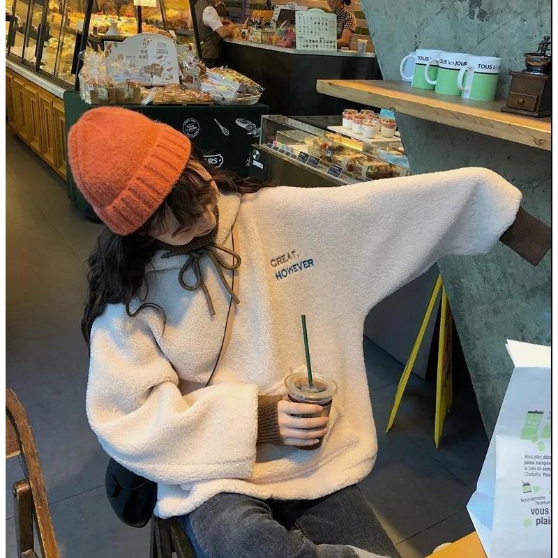 【海麗娜】羊羔毛套頭衛衣 毛衣 連帽大學T 假兩件上衣 長袖上衣 毛茸茸韓版加絨寬鬆簡約百搭上衣【A2132】-細節圖6