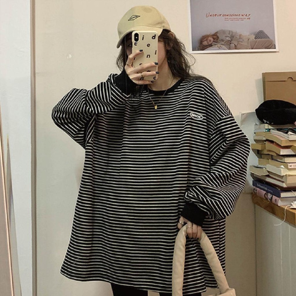【海麗娜】韓版條紋寬鬆長袖上衣 大學T 薄款衛衣  長袖t恤 男友風顯瘦圓領打底衫 上衣女 秋冬【A2197】-細節圖2