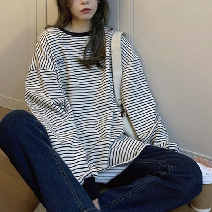 【海麗娜】韓版條紋寬鬆長袖上衣 大學T 薄款衛衣  長袖t恤 男友風顯瘦圓領打底衫 上衣女 秋冬【A2197】-細節圖5
