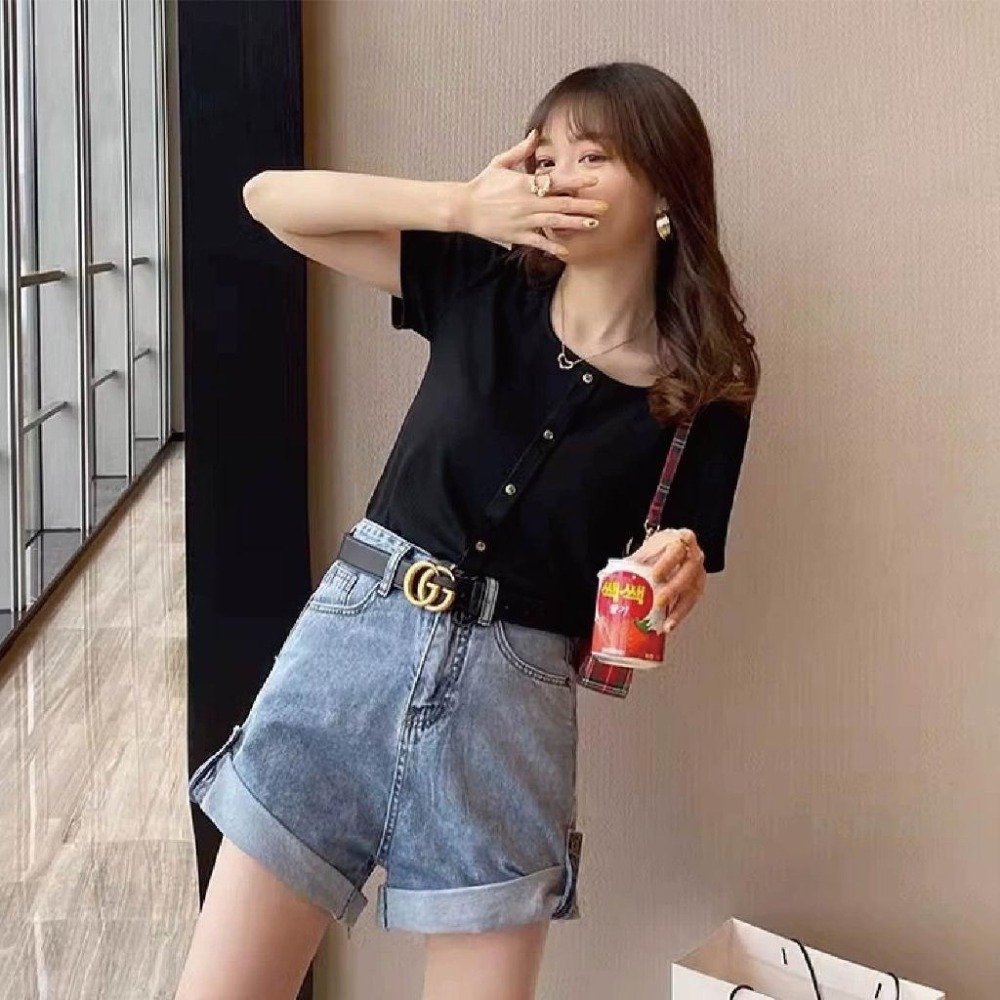 【海麗娜】韓版方領露鎖骨短版針織上衣 短袖上衣 短袖t恤 女裝 顯瘦上衣 衣服 寬鬆百搭上衣 素T【A151】-細節圖8