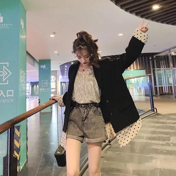 【海麗娜】韓版復古高腰鬆緊捲邊牛仔短褲 休閒褲 短褲 褲子 熱褲 運動短褲 女裝 休閒短褲 高品質【C112】-細節圖4