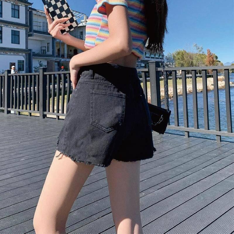 【海麗娜】短牛仔褲 闊腿熱褲 刷破褲 破褲 A字褲 時尚破洞高腰顯瘦百搭牛仔短褲 短褲女 熱褲【C1140】-細節圖3