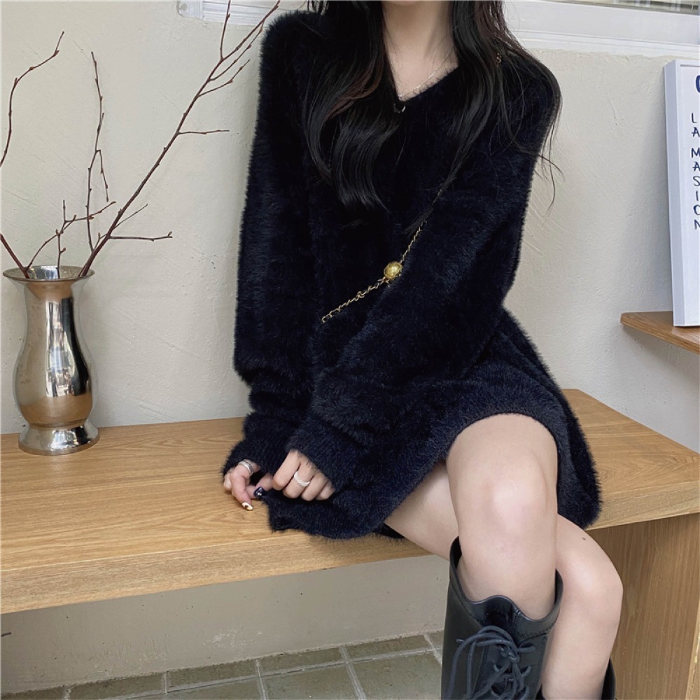 【海麗娜】V領仿貂絨軟糯針織上衣 毛衣 長袖上衣 純色慵懶風韓版寬鬆顯瘦下半身失蹤針織衫 上衣女【A279】-細節圖8