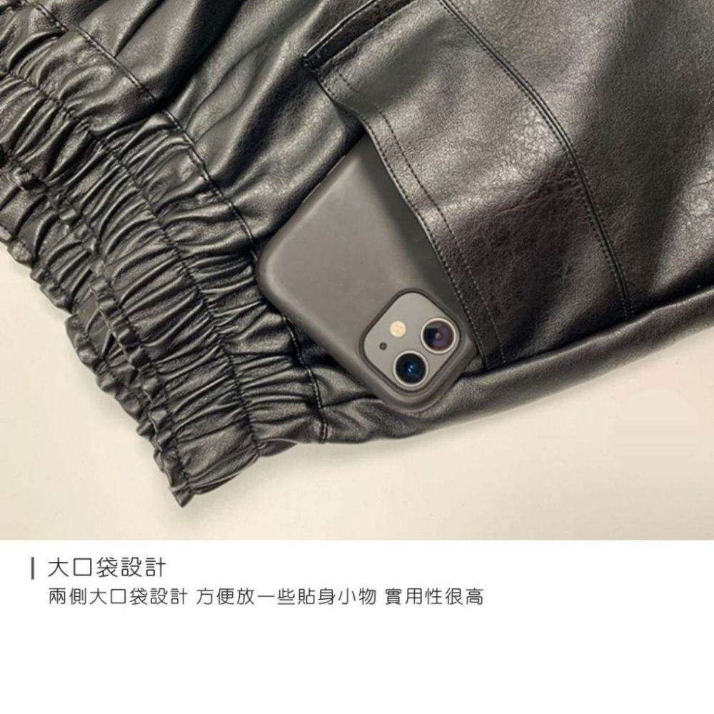 【海麗娜】黑色顯瘦皮短褲 大口袋鬆緊腰PU皮短褲 闊腿短褲 A字短褲 女短褲 顯瘦修身寬鬆大尺碼【C214】-細節圖6