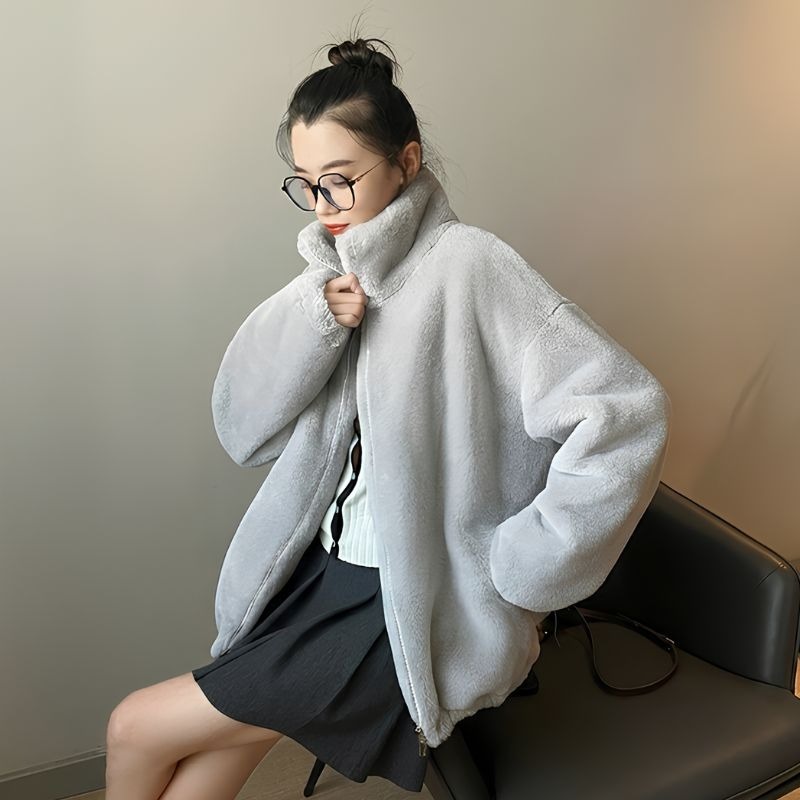 【海麗娜】仿兔毛立領毛毛外套 保暖長袖皮草大衣 韓版拉鏈冬季落肩寬鬆慵懶風口袋翻領 中長款上衣 女裝【A2292】-細節圖2