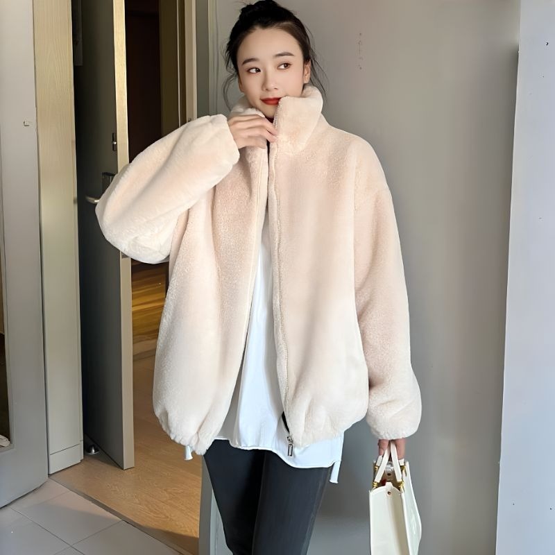 【海麗娜】仿兔毛立領毛毛外套 保暖長袖皮草大衣 韓版拉鏈冬季落肩寬鬆慵懶風口袋翻領 中長款上衣 女裝【A2292】-細節圖7