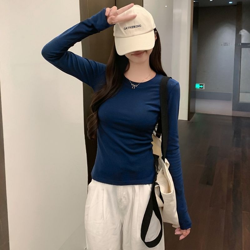 【海麗娜】圓領內搭長袖上衣 薄款緊身打底衣 T恤 女裝 顯瘦保暖秋冬韓版素色彈性貼身柔軟舒適合身百搭【A2280】-細節圖2