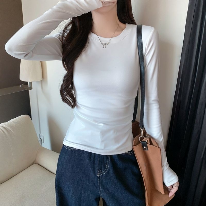 【海麗娜】圓領內搭長袖上衣 薄款緊身打底衣 T恤 女裝 顯瘦保暖秋冬韓版素色彈性貼身柔軟舒適合身百搭【A2280】-細節圖6