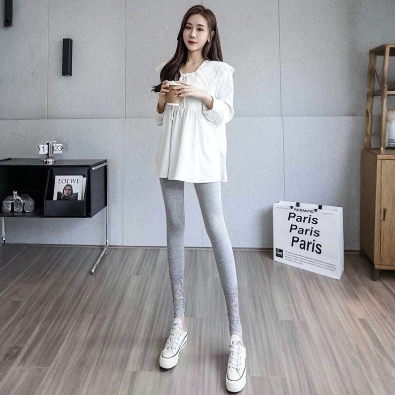 【海麗娜】蕾絲莫代爾高腰長褲 顯瘦內搭褲 緊身打底褲 秋褲 褲子 女裝 彈性百搭修身休閒透氣舒適薄款韓系【C241】-細節圖5