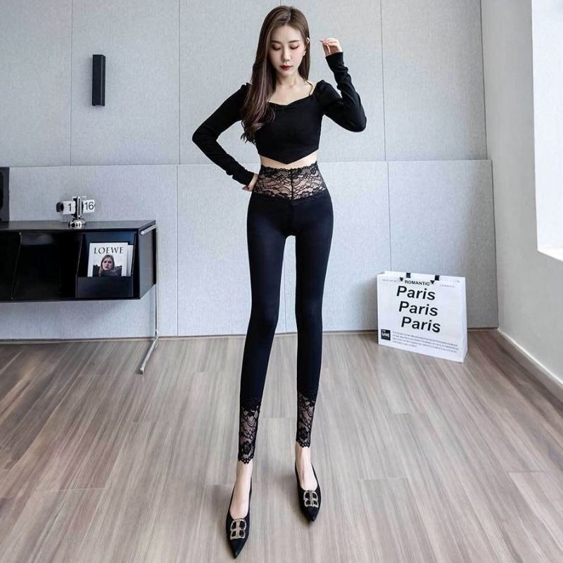 【海麗娜】蕾絲莫代爾高腰長褲 顯瘦內搭褲 緊身打底褲 秋褲 褲子 女裝 彈性百搭修身休閒透氣舒適薄款韓系【C241】-細節圖6