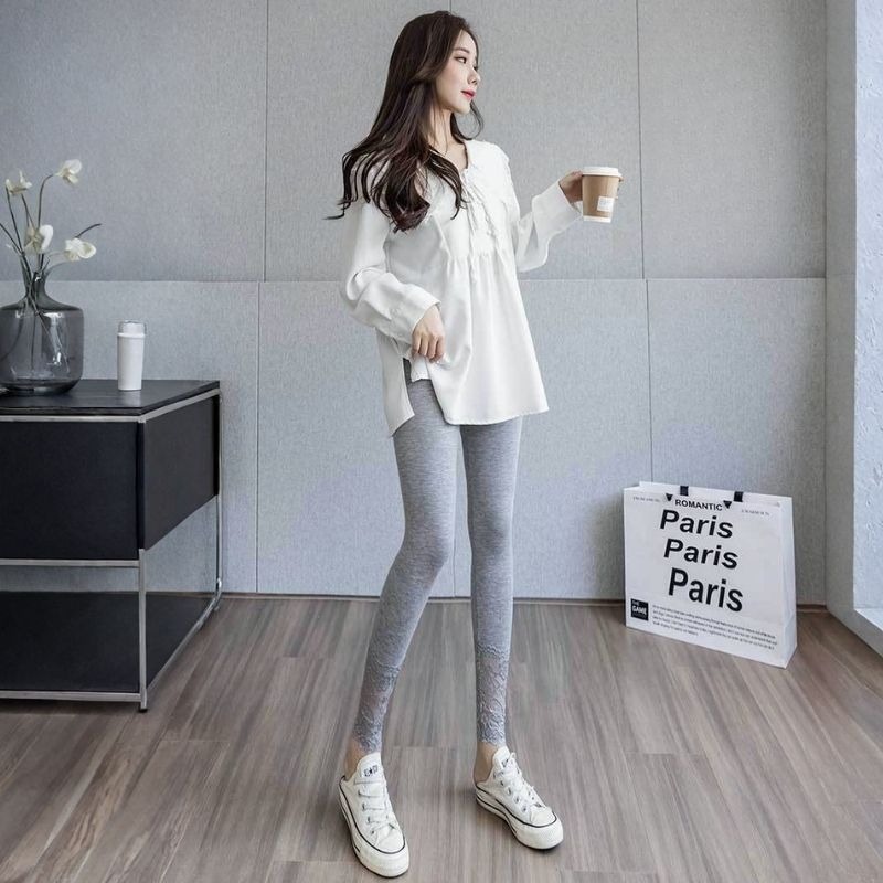 【海麗娜】蕾絲莫代爾高腰長褲 顯瘦內搭褲 緊身打底褲 秋褲 褲子 女裝 彈性百搭修身休閒透氣舒適薄款韓系【C241】-細節圖7