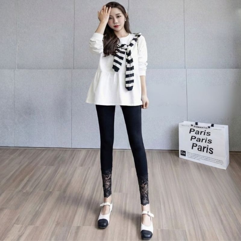 【海麗娜】蕾絲莫代爾高腰長褲 顯瘦內搭褲 緊身打底褲 秋褲 褲子 女裝 彈性百搭修身休閒透氣舒適薄款韓系【C241】-細節圖8