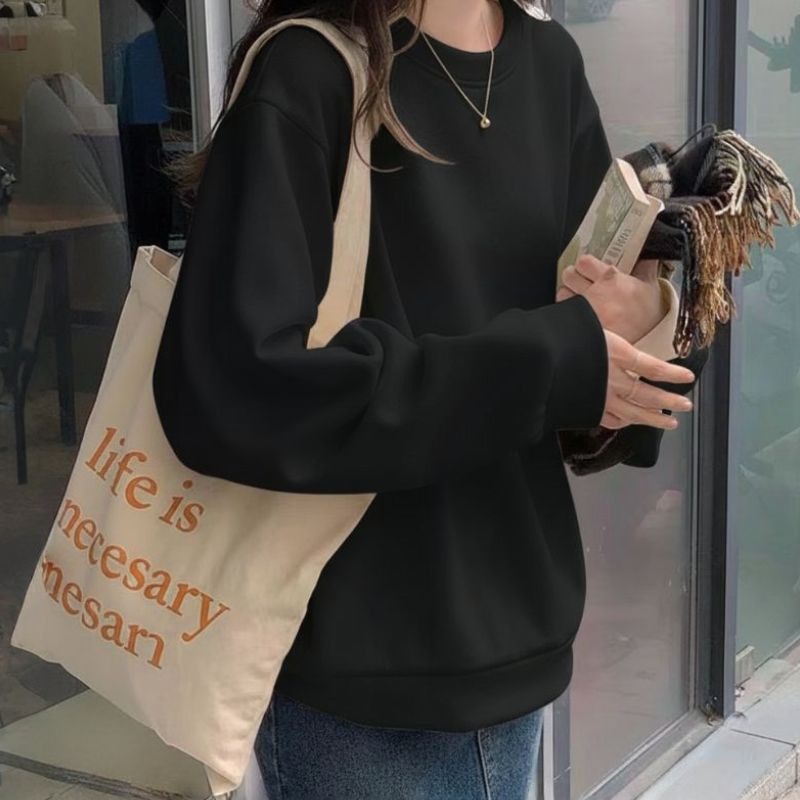 【海麗娜】圓領落肩大學棉T 寬鬆衛衣 情侶裝 長袖上衣 T恤 打底衫 女裝 韓系秋冬顯瘦百搭素色螺紋慵懶【A2255】-細節圖2