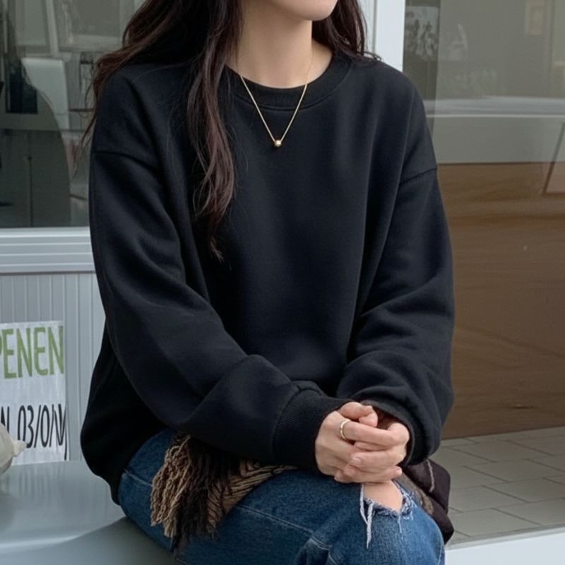 【海麗娜】圓領落肩大學棉T 寬鬆衛衣 情侶裝 長袖上衣 T恤 打底衫 女裝 韓系秋冬顯瘦百搭素色螺紋慵懶【A2255】-細節圖8