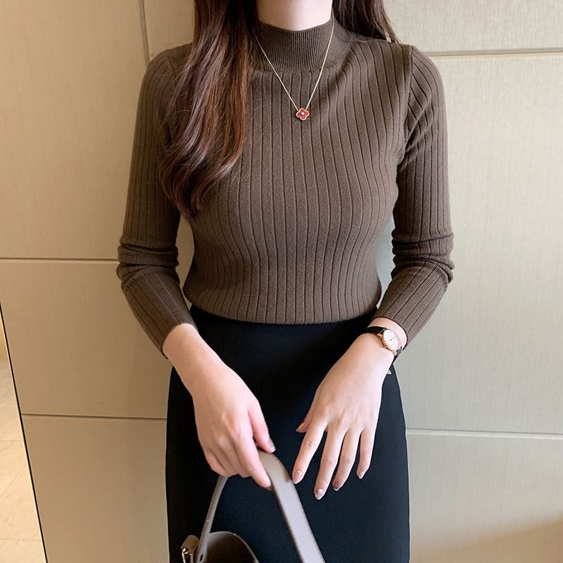 【海麗娜】半高領針織長袖上衣 韓版包芯紗打底衫 內搭毛衣 女裝 發熱保暖秋冬貼身立領百搭顯瘦坑條毛線套頭【A2272】-細節圖3