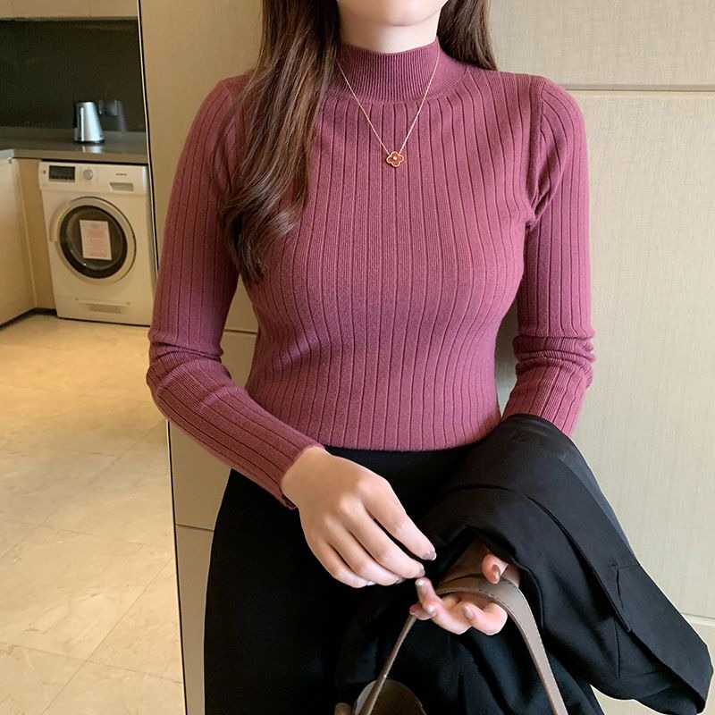 【海麗娜】半高領針織長袖上衣 韓版包芯紗打底衫 內搭毛衣 女裝 發熱保暖秋冬貼身立領百搭顯瘦坑條毛線套頭【A2272】-細節圖5