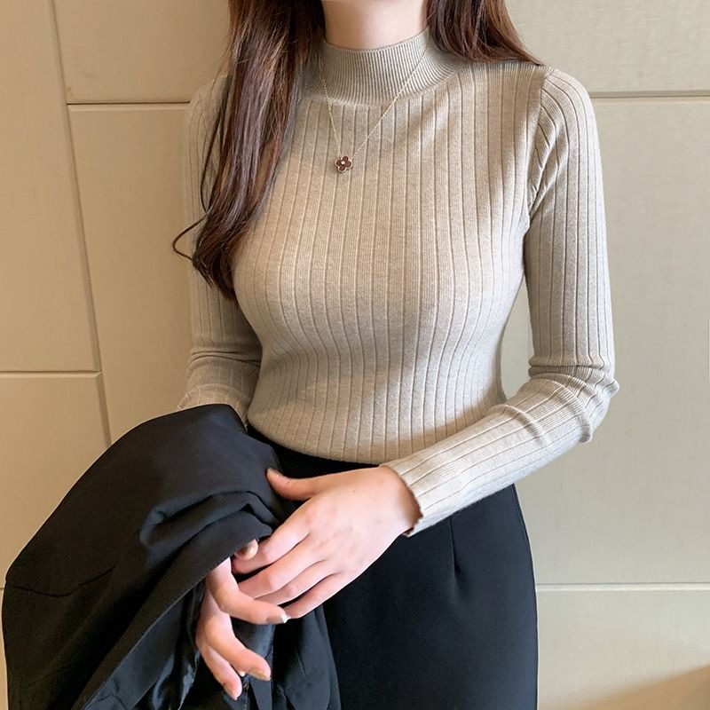 【海麗娜】半高領針織長袖上衣 韓版包芯紗打底衫 內搭毛衣 女裝 發熱保暖秋冬貼身立領百搭顯瘦坑條毛線套頭【A2272】-細節圖6