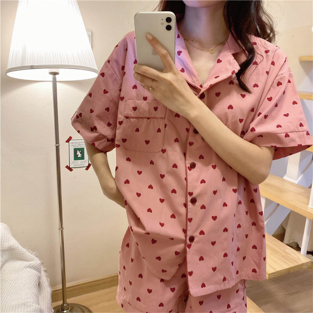 【海麗娜】甜美可愛女生 格子睡衣 愛心睡衣 開衫短袖睡衣 兩件式家居服 短褲 睡衣套裝 睡衣女【A1217】-細節圖2