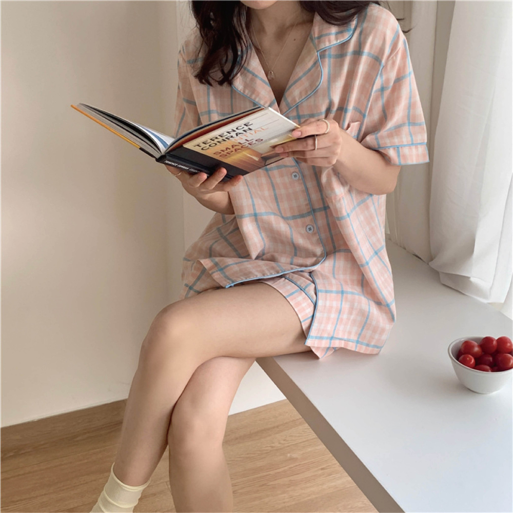 【海麗娜】甜美可愛女生 格子睡衣 愛心睡衣 開衫短袖睡衣 兩件式家居服 短褲 睡衣套裝 睡衣女【A1217】-細節圖5