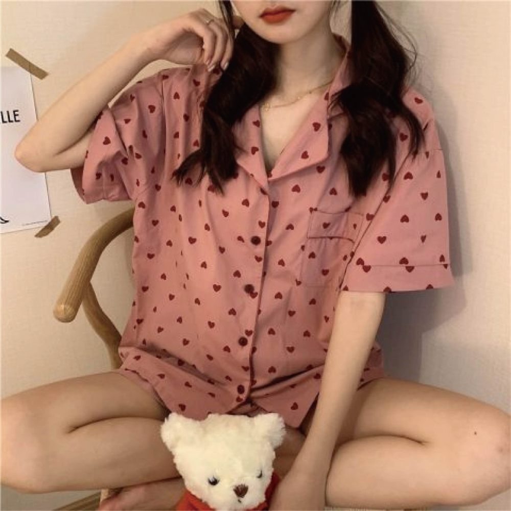 【海麗娜】甜美可愛女生 格子睡衣 愛心睡衣 開衫短袖睡衣 兩件式家居服 短褲 睡衣套裝 睡衣女【A1217】-細節圖6