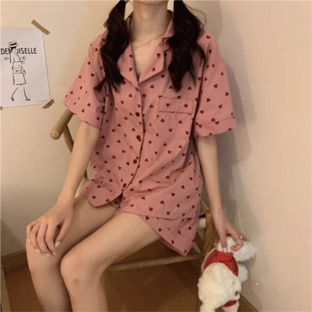 【海麗娜】甜美可愛女生 格子睡衣 愛心睡衣 開衫短袖睡衣 兩件式家居服 短褲 睡衣套裝 睡衣女【A1217】-細節圖8