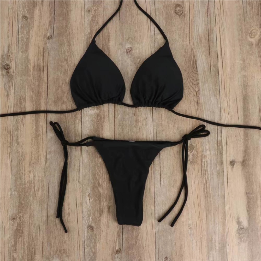 【海麗娜】比基尼 基礎款泳衣 綁帶調節 繞頸綁脖比基尼 丁字褲 無鋼圈歐美素色泳衣 女款泳裝【M10】-規格圖9