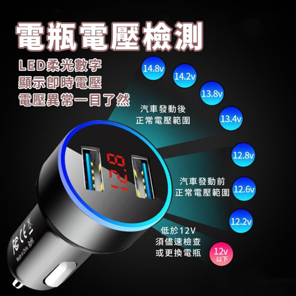 🔥台灣出貨🔥QC快充車充 汽車充電器 電壓顯示 手機充電 車載充電器 雙USB口 LED電壓顯示『小胖子購物』-細節圖4