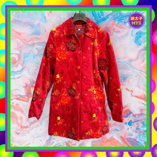 二手 法國製 KENZO JUNGLE 紅色 絨布 印花 口袋 外套 大衣 MG6 【明太子 古著應召站】