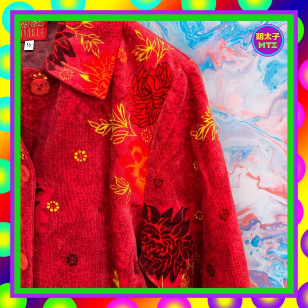 二手 法國製 KENZO JUNGLE 紅色 絨布 印花 口袋 外套 大衣 MG6 【明太子 古著應召站】-細節圖2