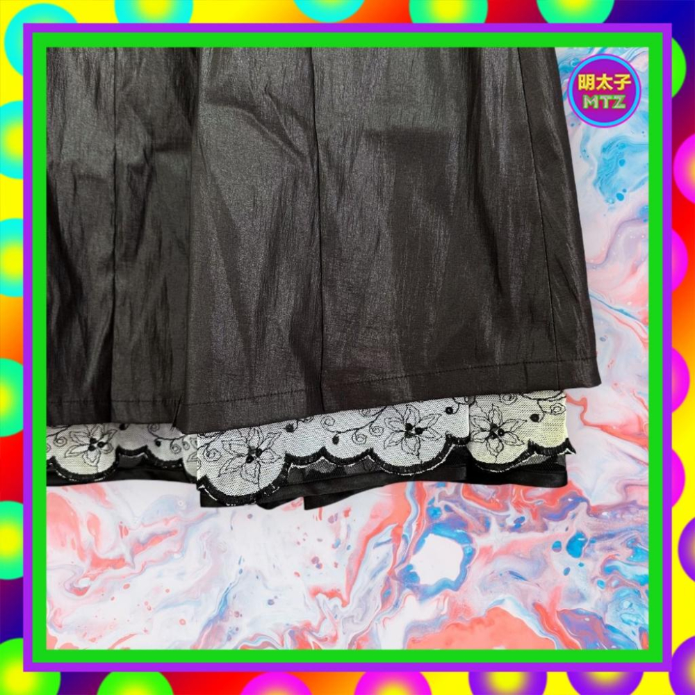 二手 BIANCO 黑色 珠光感 抓褶 A字型 蕾絲網眼下擺 高腰 28 長裙 F1218 【明太子 古著應召站】-細節圖3