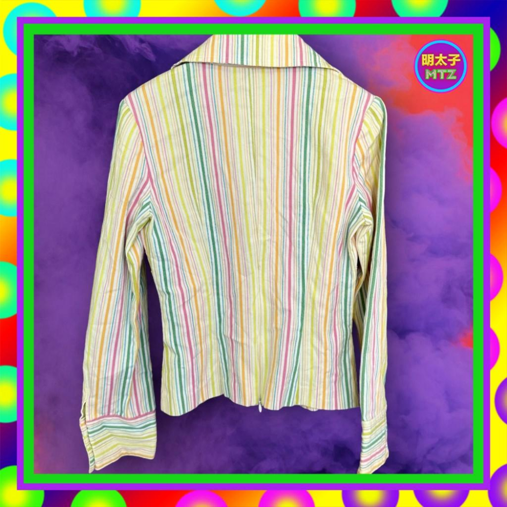 二手 HER&HIM 白彩色 緹花條紋 蕾絲 彈性 長袖 襯衫 F1201 【明太子 古著應召站】-細節圖4