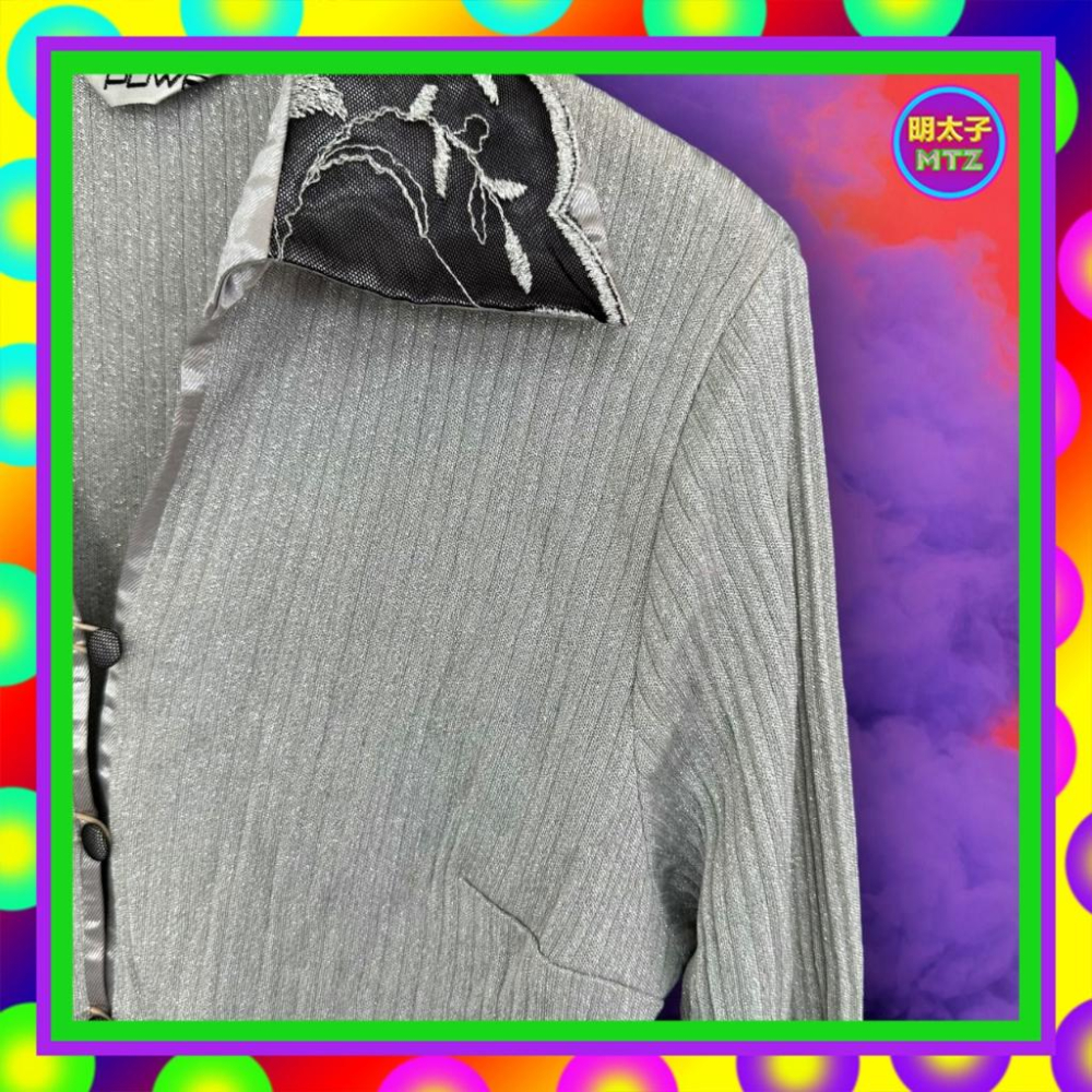 二手 LADY＇S POWER 銀灰閃亮 繡花網眼 彈性針織 長袖 襯衫 F1201 【明太子 古著應召站】-細節圖2