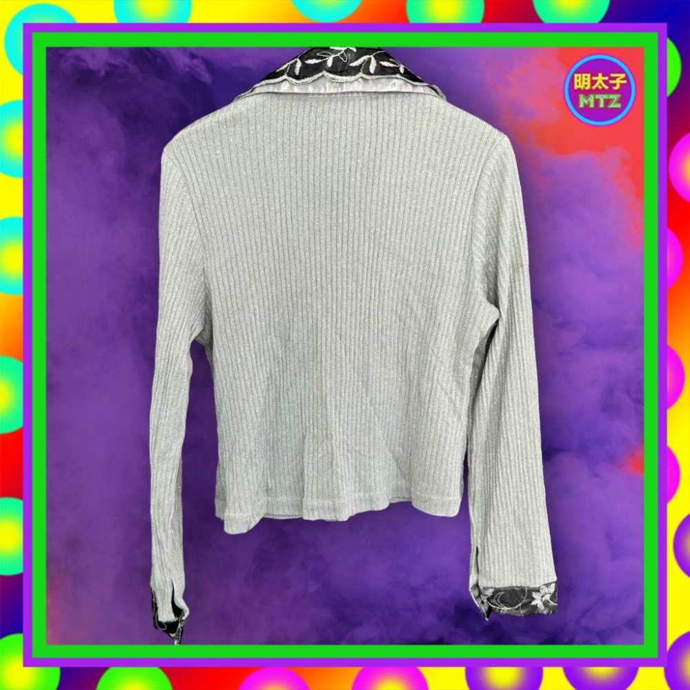 二手 LADY＇S POWER 銀灰閃亮 繡花網眼 彈性針織 長袖 襯衫 F1201 【明太子 古著應召站】-細節圖3