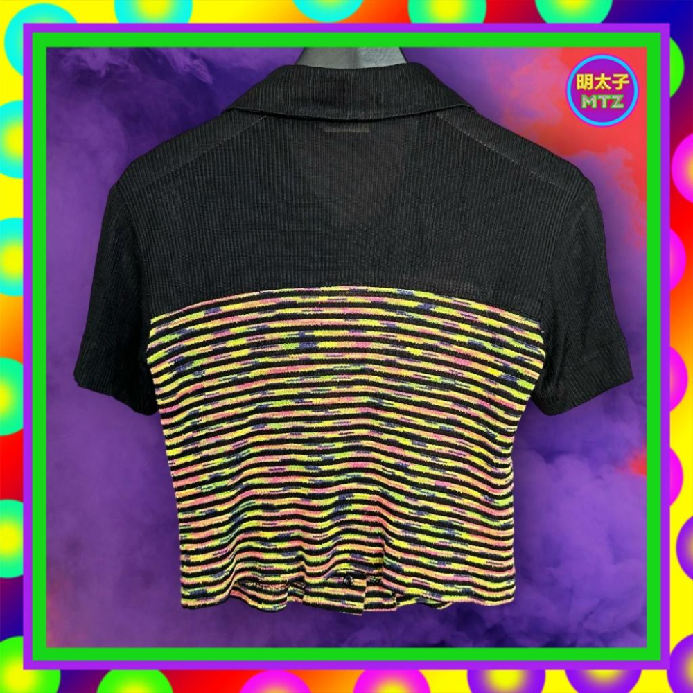 二手 FASHION SHOW 黑彩色 條紋 彈性 中短版 短袖 襯衫 F1201 【明太子 古著應召站】-細節圖3