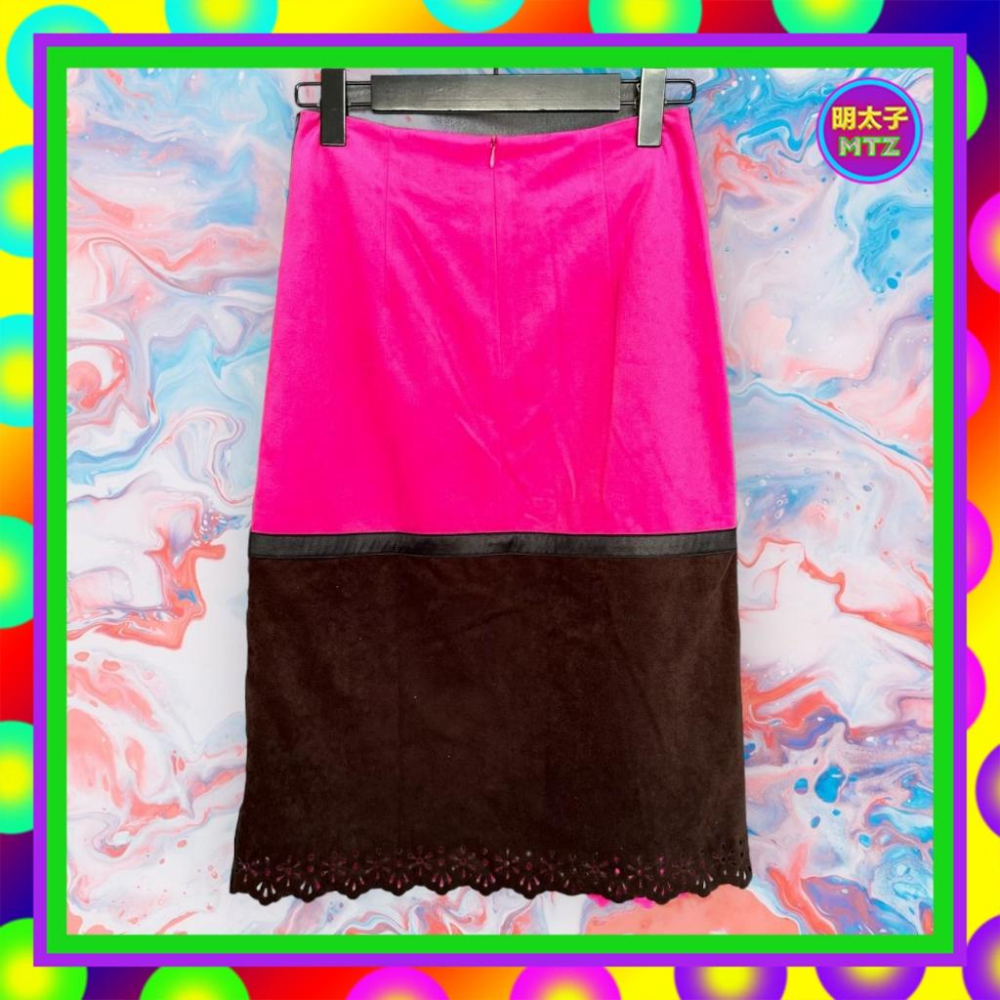 二手 CHAVANA 桃紅咖配色 絨布 拼接 合身 高腰 26 長裙 F1129 【明太子 古著應召站】-細節圖4