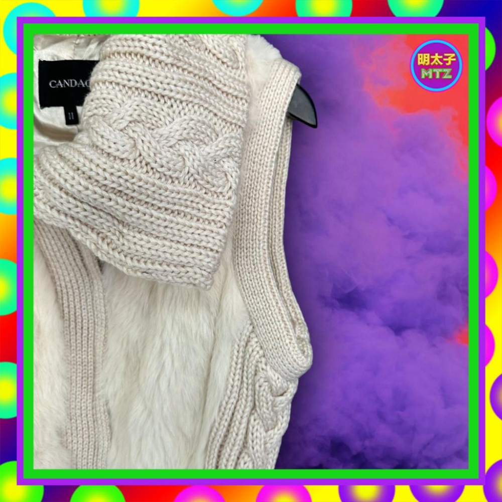 二手 CANDACE 米色 毛衣 拼接 真毛 略厚 略彈性 腰綁帶 背心 MG3 【明太子 古著應召站】-細節圖2