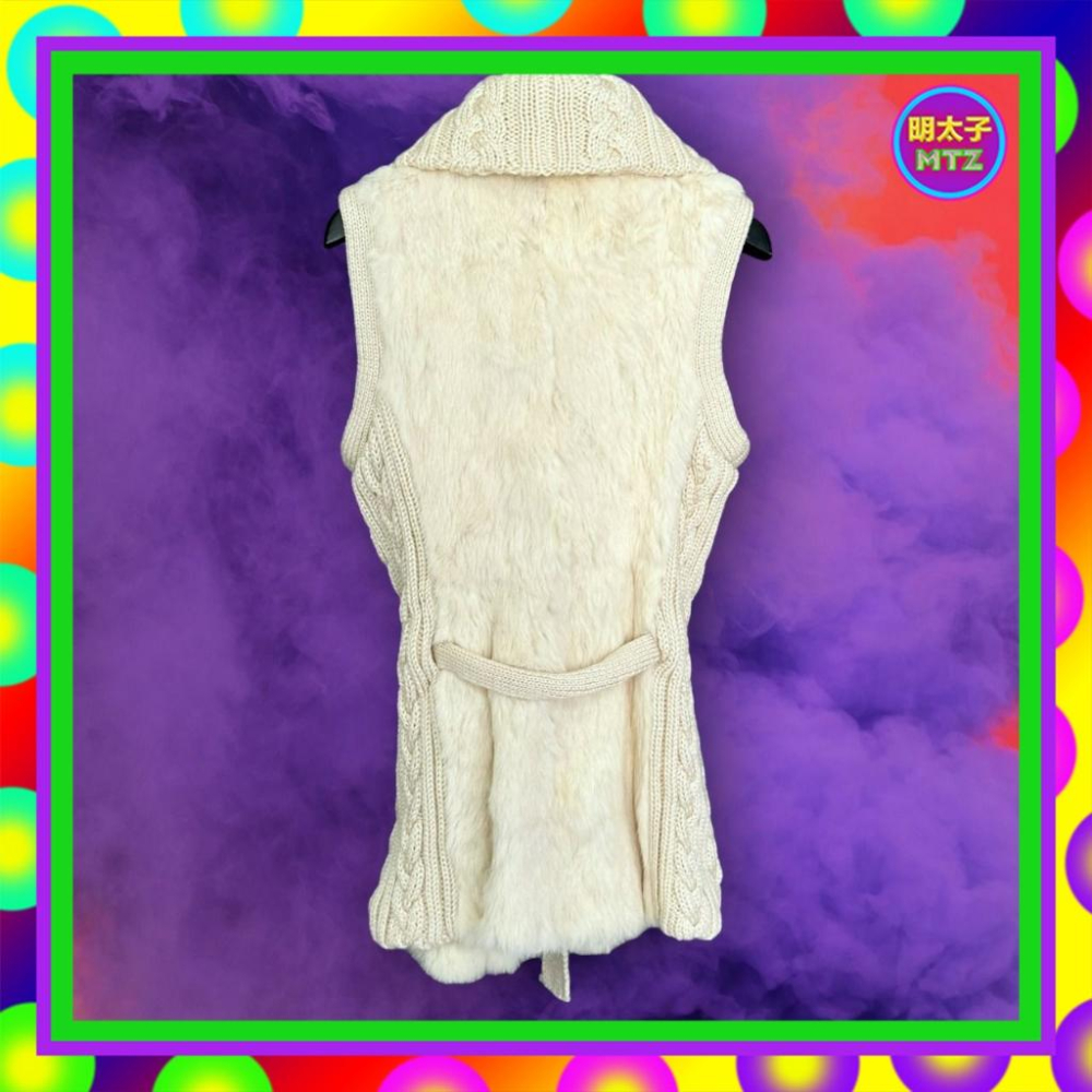 二手 CANDACE 米色 毛衣 拼接 真毛 略厚 略彈性 腰綁帶 背心 MG3 【明太子 古著應召站】-細節圖4