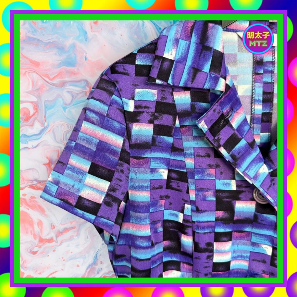 二手 STLU 藍紫 格紋 印花 彈性 短袖 襯衫 F1122 【明太子 古著應召站】-細節圖2