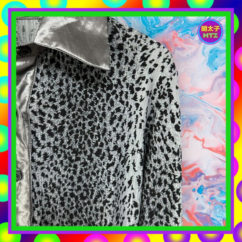 二手 灰黑 豹紋 細壓褶 彈性 長袖 襯衫 F1117 【明太子 古著應召站】-細節圖2