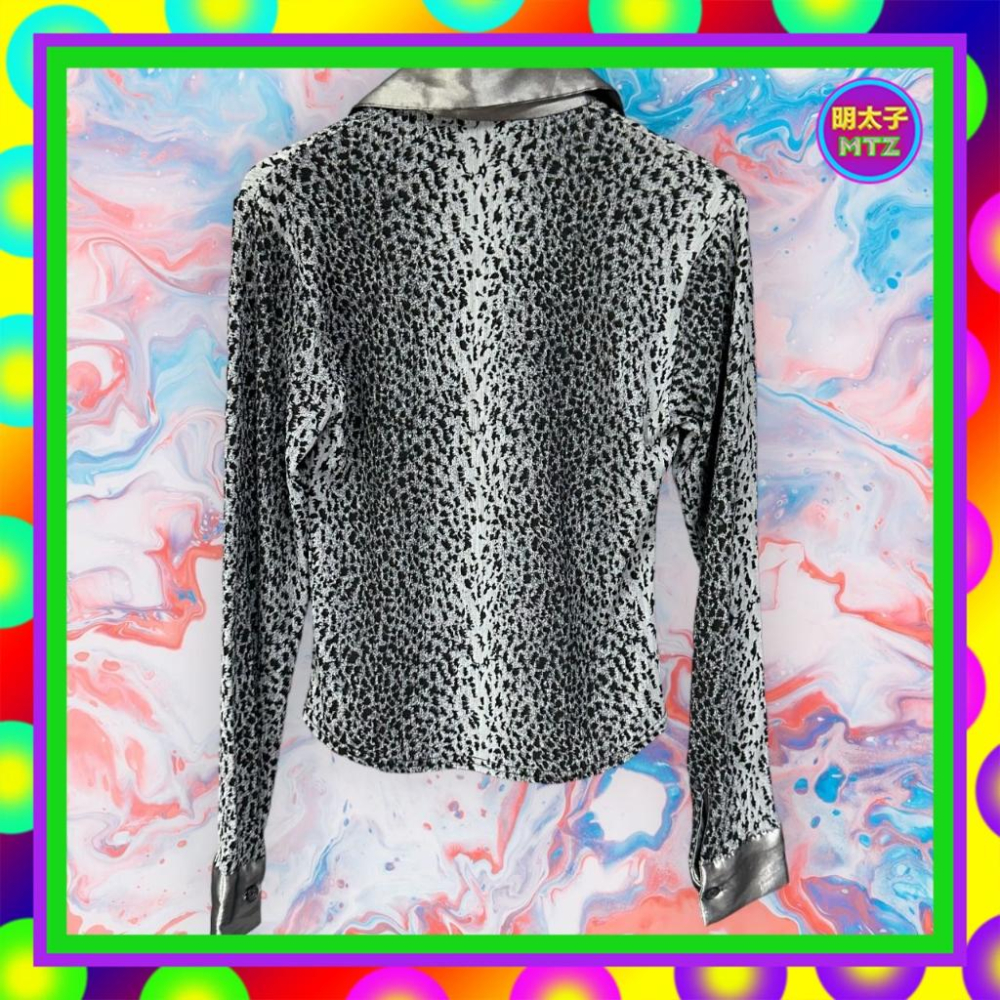 二手 灰黑 豹紋 細壓褶 彈性 長袖 襯衫 F1117 【明太子 古著應召站】-細節圖4