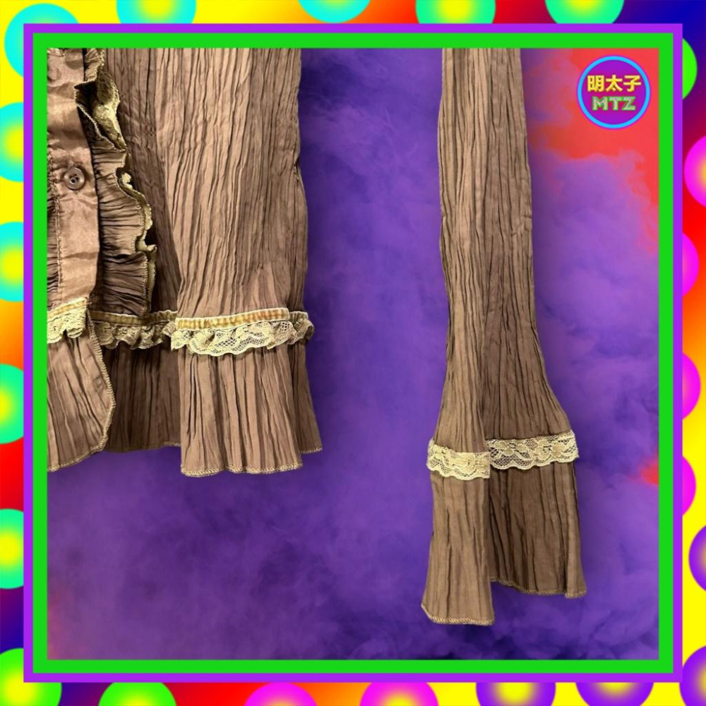 二手 巧克力色 壓褶 蕾絲 彈性 長袖 襯衫 F1117 【明太子 古著應召站】-細節圖2