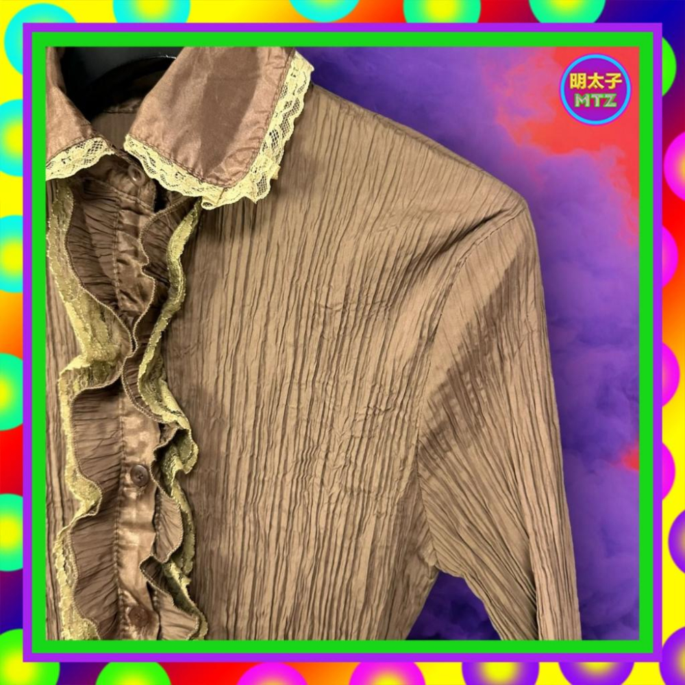 二手 巧克力色 壓褶 蕾絲 彈性 長袖 襯衫 F1117 【明太子 古著應召站】-細節圖3