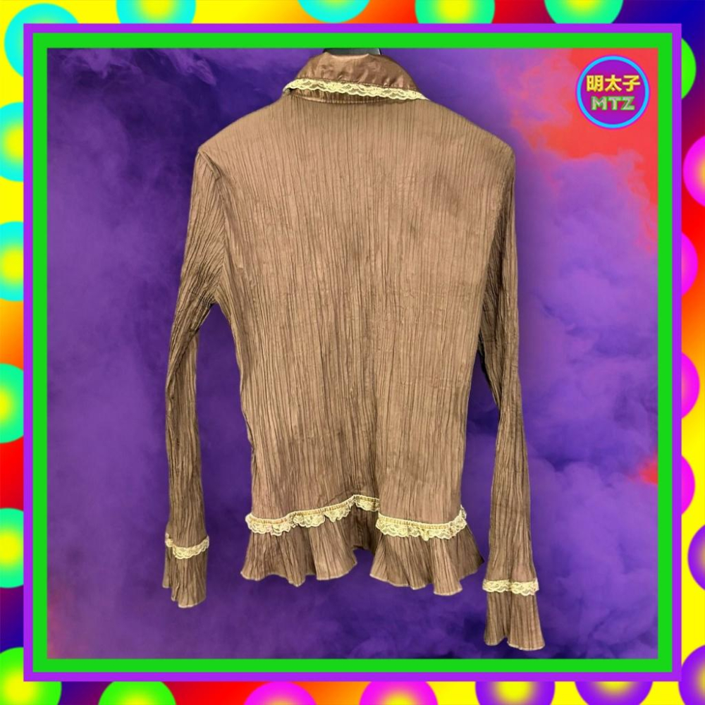 二手 巧克力色 壓褶 蕾絲 彈性 長袖 襯衫 F1117 【明太子 古著應召站】-細節圖4