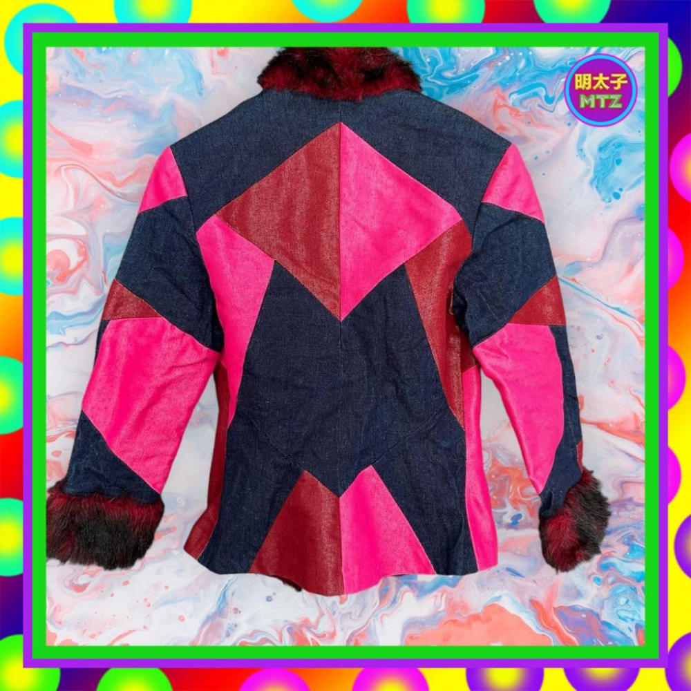 二手 MISSHATO 酒紅桃紅深藍 拼接 滾毛 彈性 牛仔 外套 MG2 【明太子 古著應召站】-細節圖4