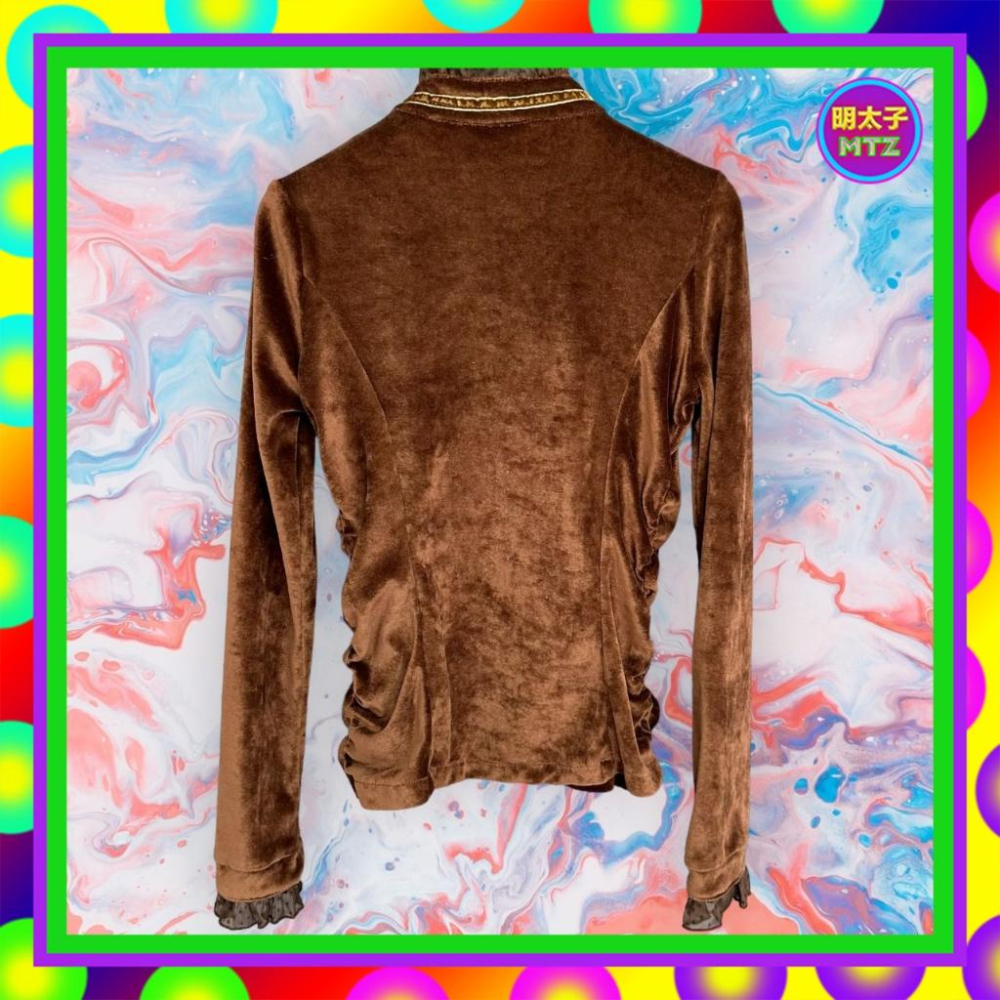 二手 咖啡色 絨面 綁帶 荷葉領 側邊抓褶 彈性 長袖 襯衫 F1116 【明太子 古著應召站】-細節圖4