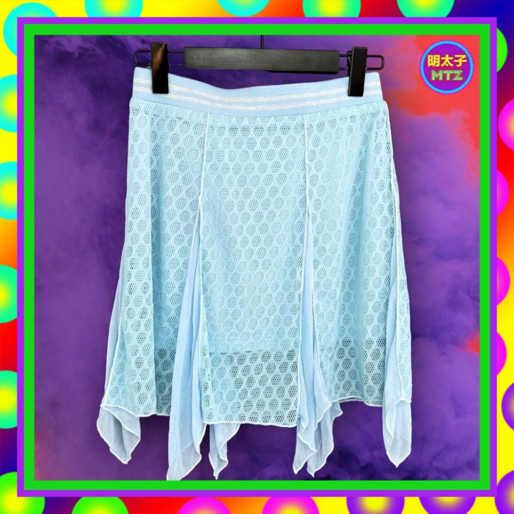 二手 BRETT 淺藍色 輕薄軟 網布 拼接 薄紗 彈性 鬆緊 低腰 27 短裙 F1115 【明太子 古著應召站】-細節圖4