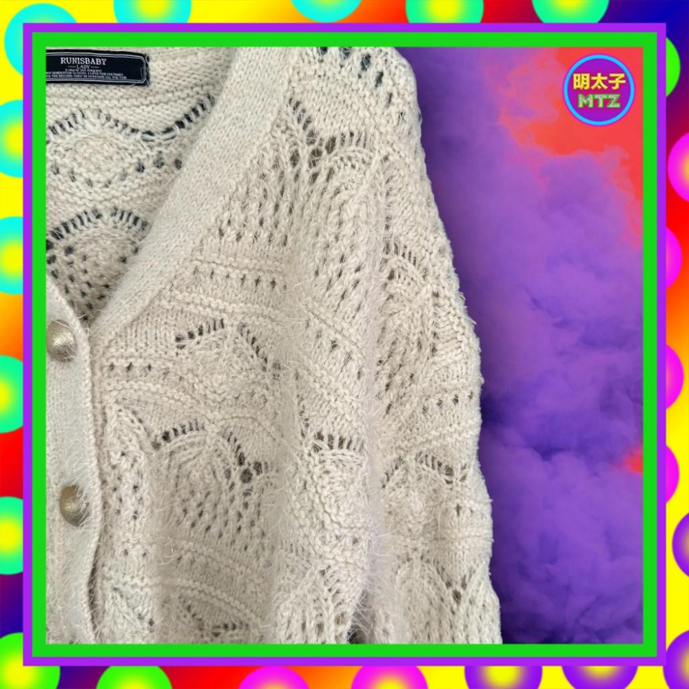 二手 RUNISBABY 米色 毛衣 鬚鬚 金蔥 微鏤空 彈性 排釦 長袖 外套 F1113 【明太子 古著應召站】-細節圖2