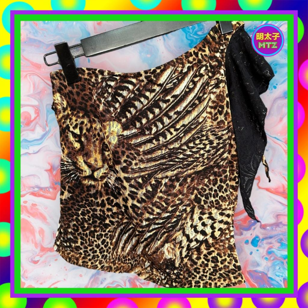 二手 BEST&T 黑咖 豹紋 彈性 斜單肩 背心 F1110 【明太子 古著應召站】-細節圖3