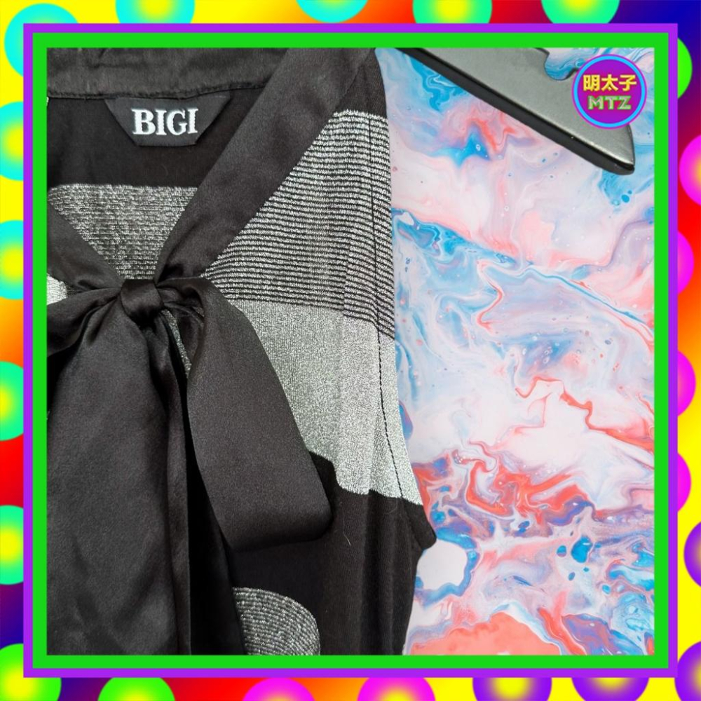 二手 BIGI 黑銀配色 針織 彈性 微透 拼接 緞帶 削肩 背心 F1109 【明太子 古著應召站】-細節圖2