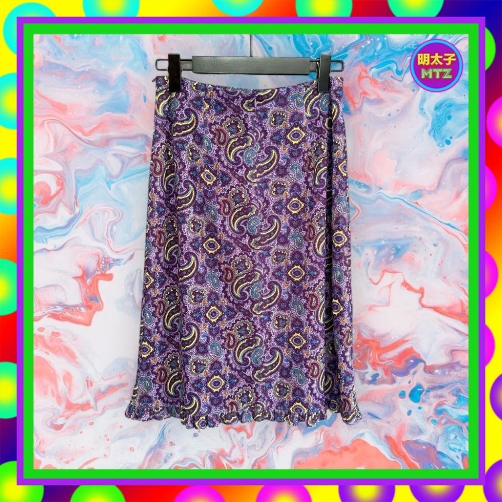 二手 AIMILAN 紫色 彩色印花 輕薄飄逸 彈性 低腰 27 長裙 F1107 【明太子 古著應召站】-細節圖3